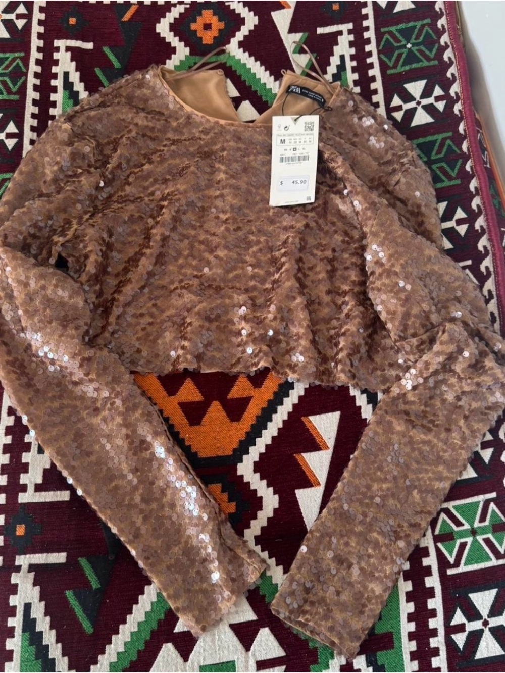 Zara Sequin Long-Sleeve Crop Top - Light Brown
